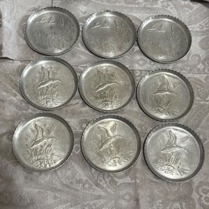 Vintage Pewter‎ Coasters Set (9) - Ducks Flying Wildlife Drink Coasters